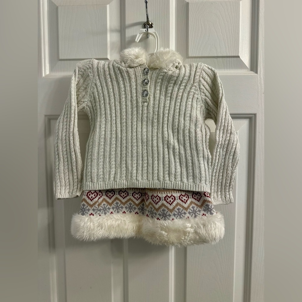 Girls 3 Piece White Sparkly Sweater and Skirt Set with Leg Warmers, Size 2T